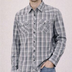 Scotch & Soda Gray Plaid Long Sleeve Snap Button Down Large